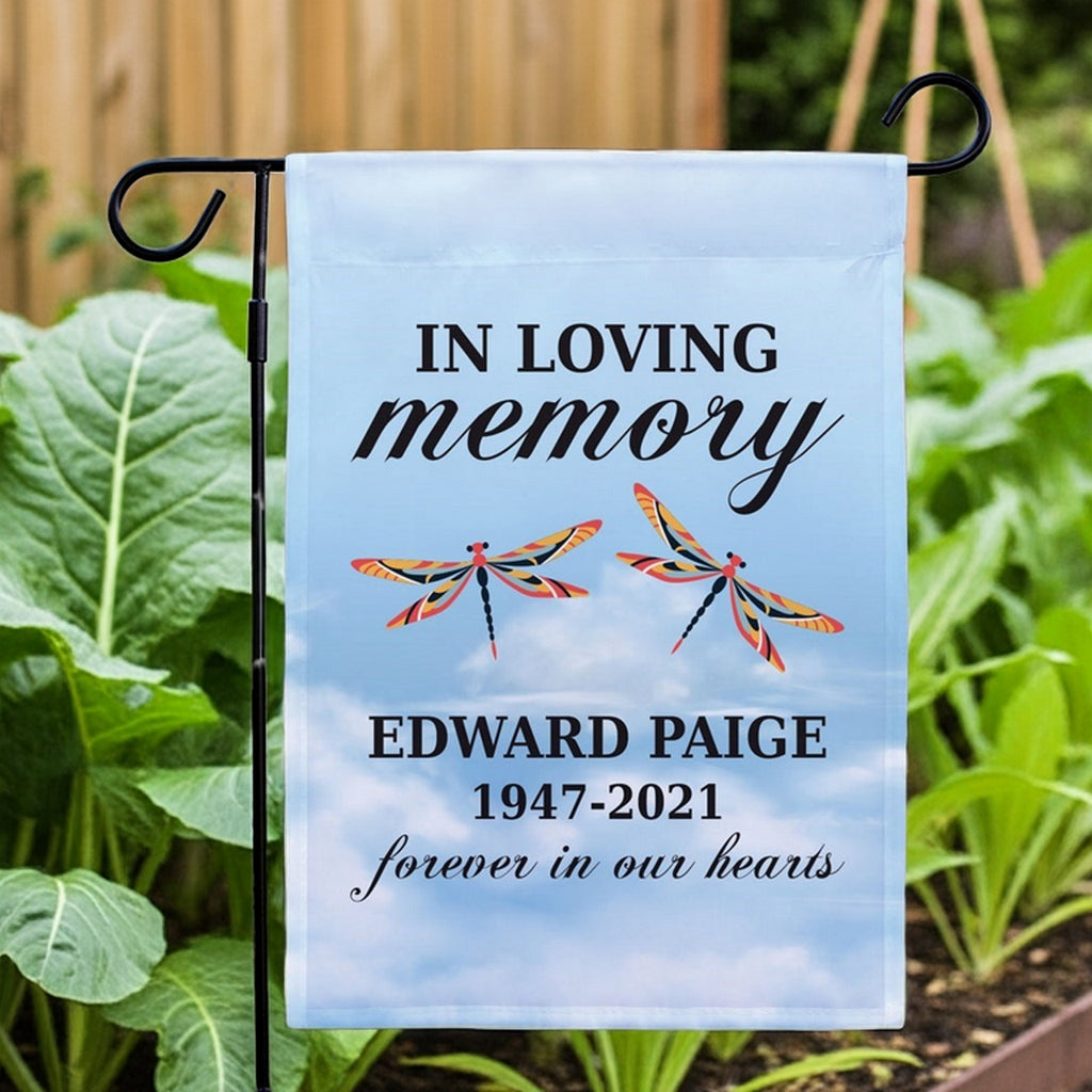In loving memory garden flag with colorful dragonflies and personalized memorial text for Edward Paige