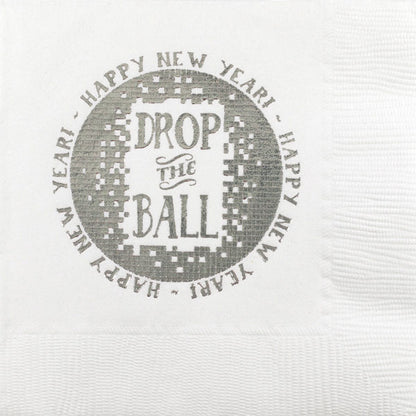 White paper coctail napkin pre-printed with silver drop the ball happy new year design