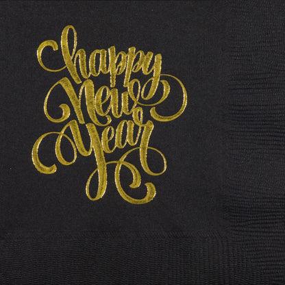 Black beverage napkins pre-printed with gold 'happy new year' design