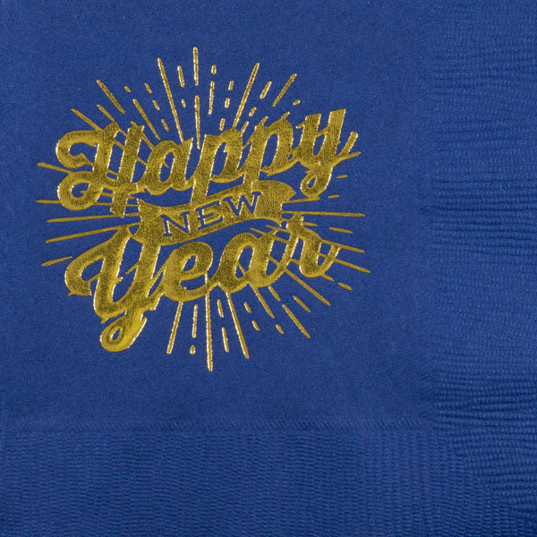 Blue Paper cocktail napkin pre-printed with gold 'Happy New Year Banner' design