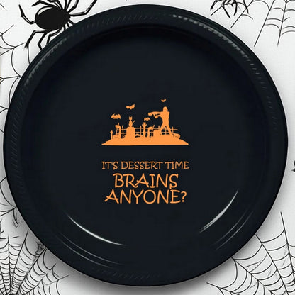Black Halloween plate with orange zombie graveyard and dessert text personalized plastic Halloween appetizer and dessert plates
