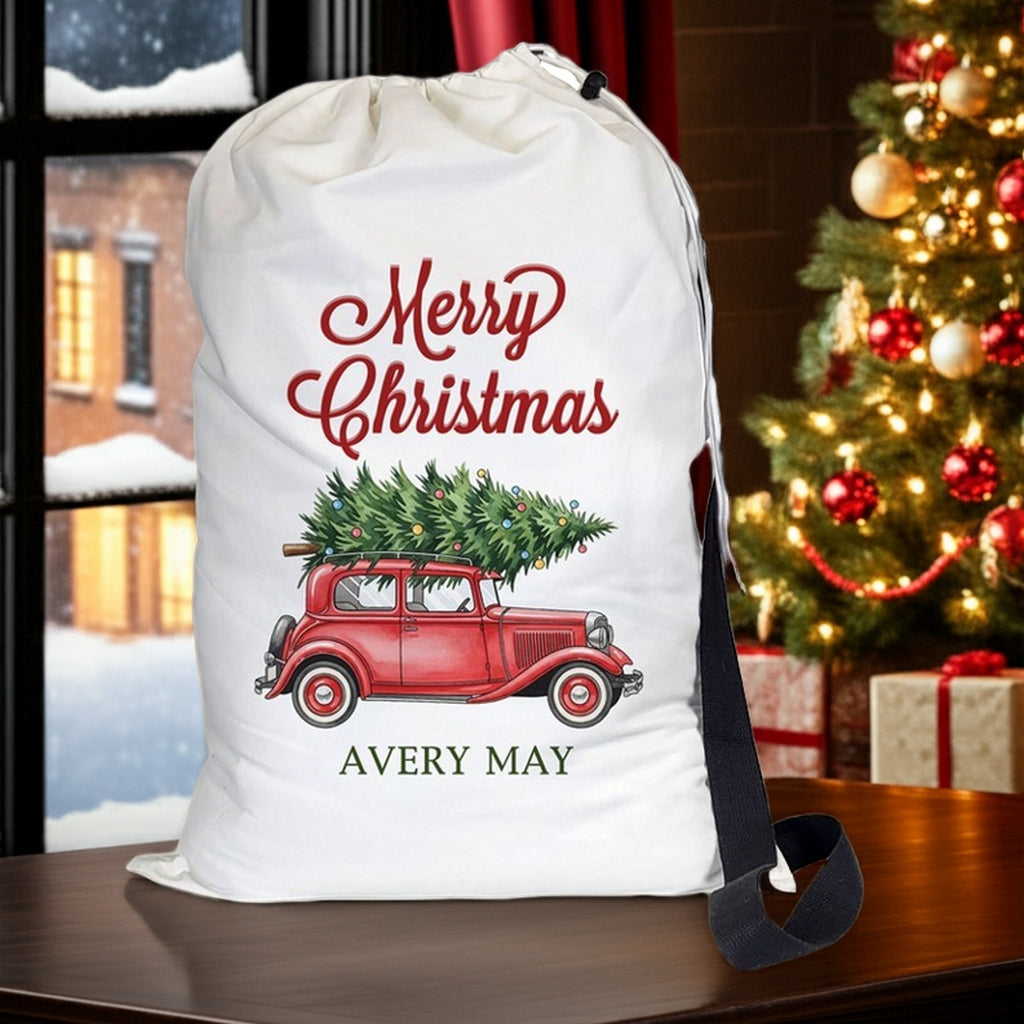 Personalized Christmas Gift Santa Sack with Merry Christmas design and vintage car carrying a Christmas tree