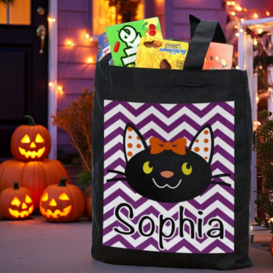 Trick or treat tote featuring girl black cat personalized trick or treat bag with name Sophia purple chevron
