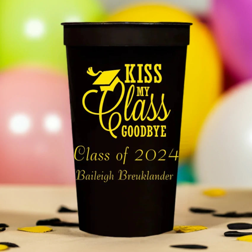 Black large stadium cup personalized for 2024 graduation with kiss my class goodbye design and custom text in yellow print