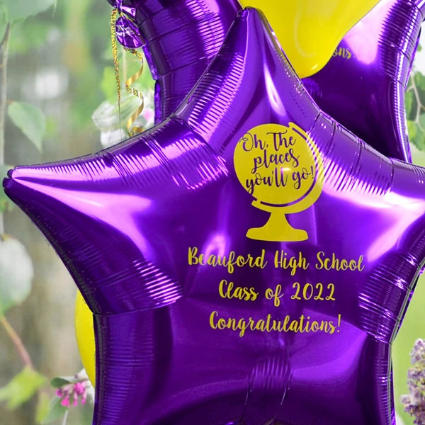 Metallic purple mylar star graduation balloons personalized with oh the places design and custom text in yellow print