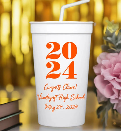 white 22oz large gard party cup personalized with 2024 block design and custom text in orange print