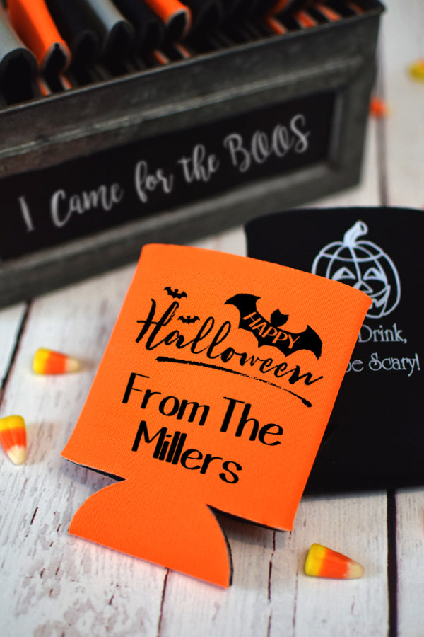 Orange neoprene can cooler personalized with 'Halloween Bats' design and 2 lines of custom text in black imprint color for Halloween party favors
