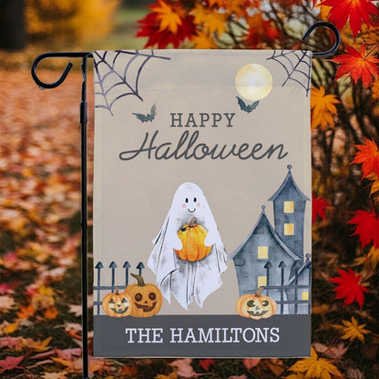 Halloween garden flag with ghost holding pumpkin jack o lanterns haunted house personalized family name