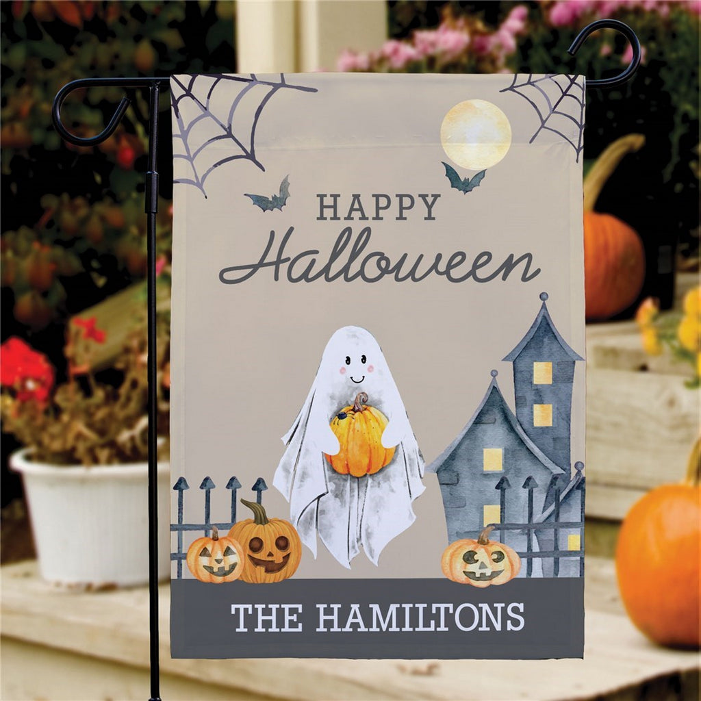 Halloween garden flag with ghost holding pumpkin personalized The Hamiltons haunted house