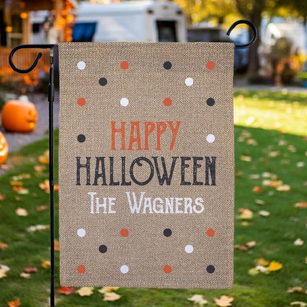 Halloween garden flag burlap style Happy Halloween The Wagners with orange black white polka dots