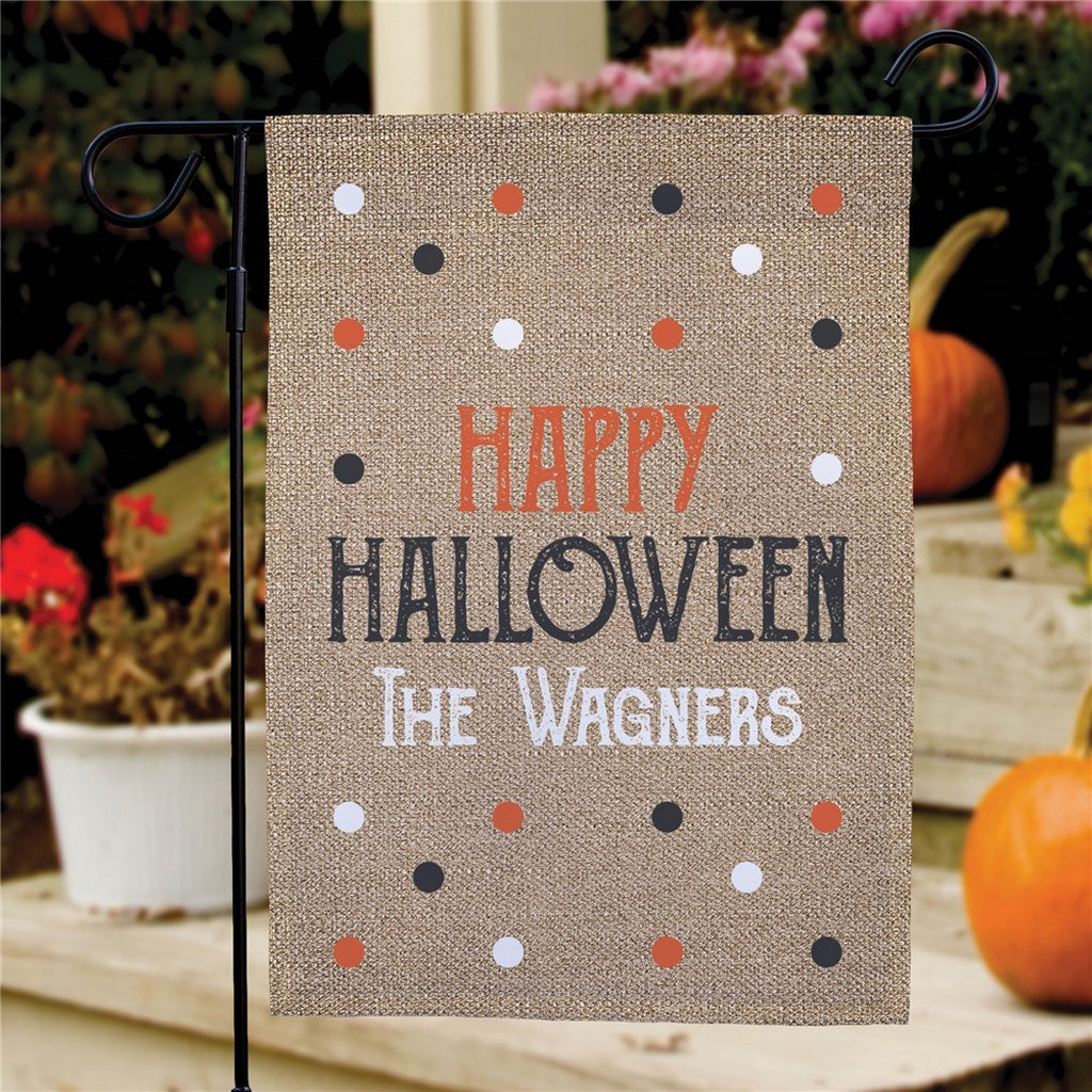 Halloween garden flag burlap style with orange black and white polka dots personalized Happy Halloween The Wagners