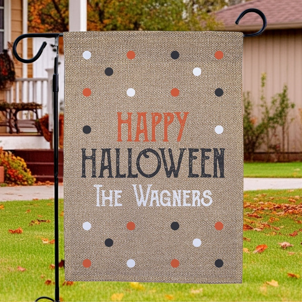 Halloween garden flag burlap style with Happy Halloween text and The Wagners personalization