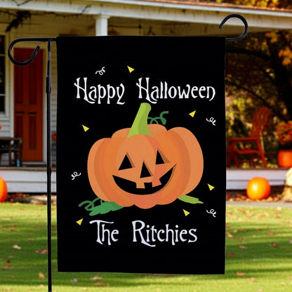 Black Halloween garden flag personalized with jack o lantern Happy Halloween and family name The Ritchies