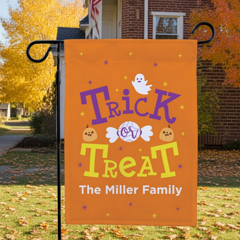 Halloween garden flag personalized with trick or treat design, ghost candy pumpkins and The Miller Family