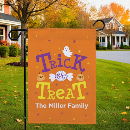 Orange Trick or Treat Halloween garden flag personalized with ghost pumpkins and Miller Family name