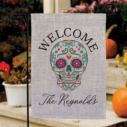 Halloween garden flag with colorful sugar skull welcome design and customizable family name