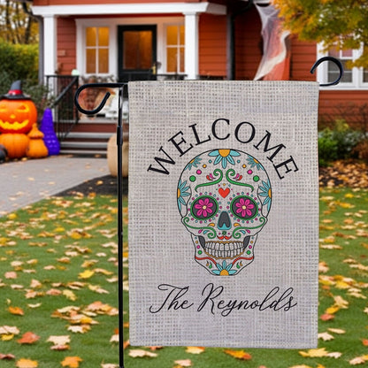 Halloween garden flag with colorful sugar skull Welcome design on burlap texture reading The Reynolds