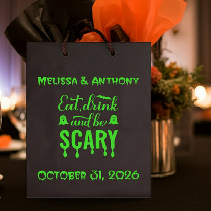 Personalized Tippytoad Halloween gift bags with spooky green text for festive celebrations