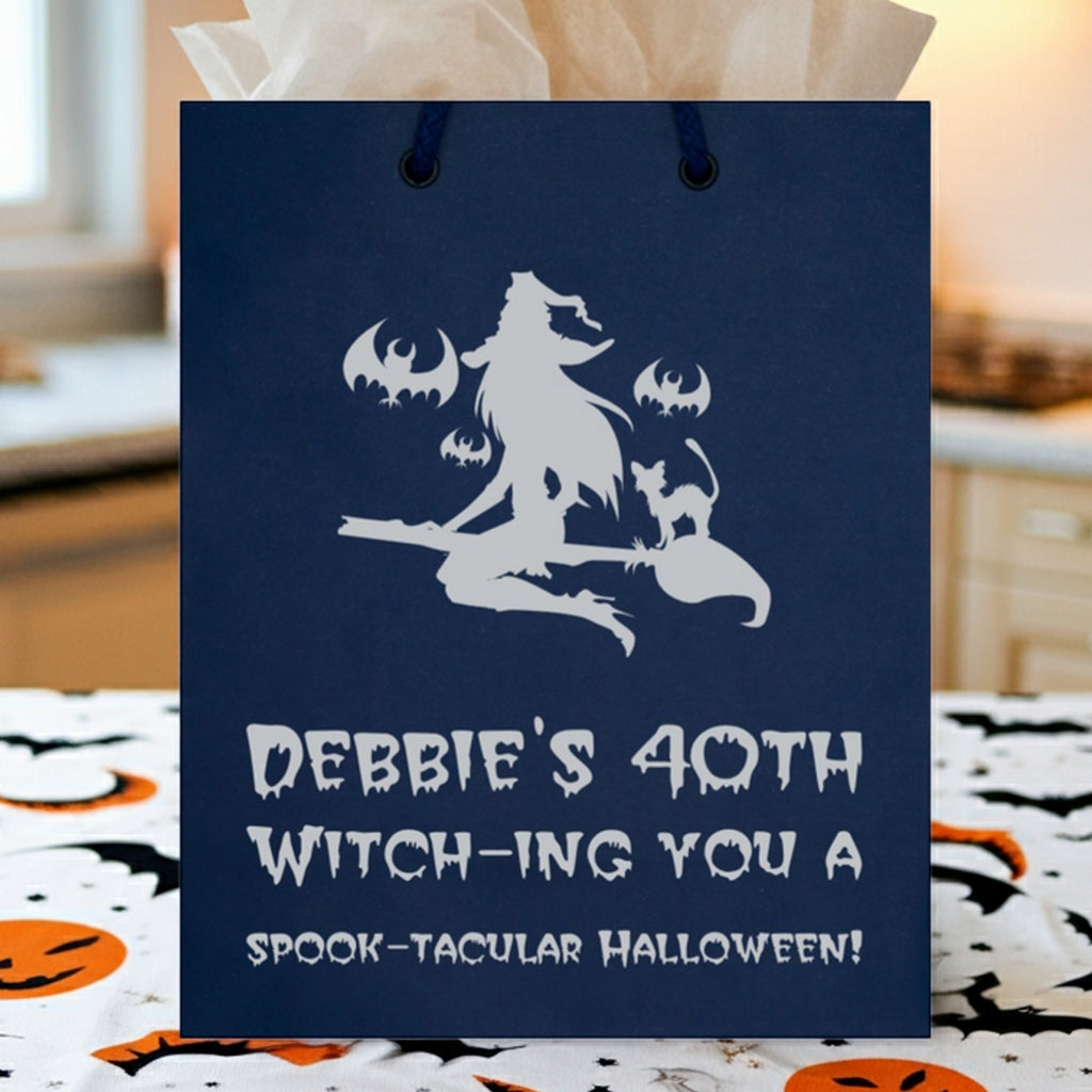 Personalized Halloween gift bags featuring a witch and cat design for spooky celebrations