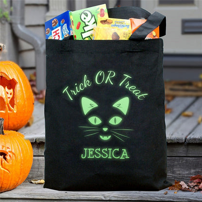 Glow in the dark cat personalized trick or treat bag black canvas tote with glowing cat face and name Jessica