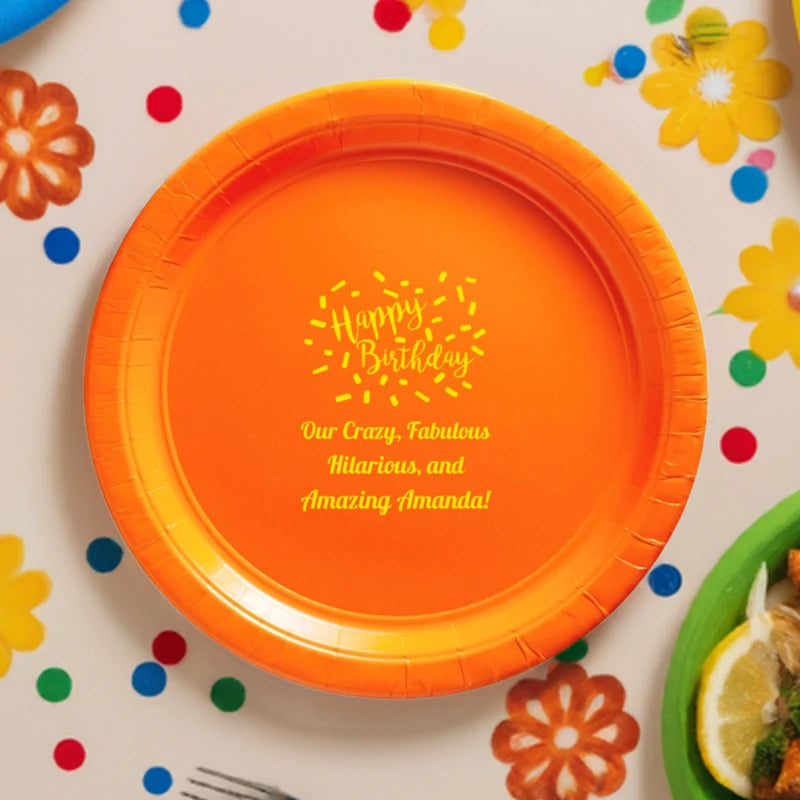 Orange paper birthday plate personalized with Happy Birthday Confetti design and custom text in yellow print