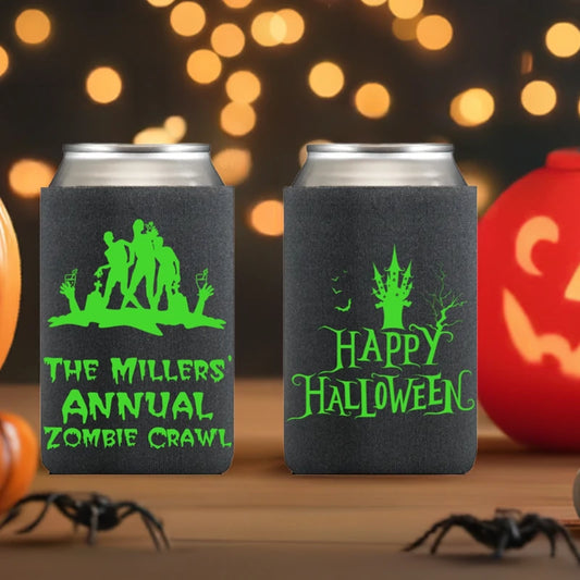 Party zombies personalized halloween party beer koozie favors