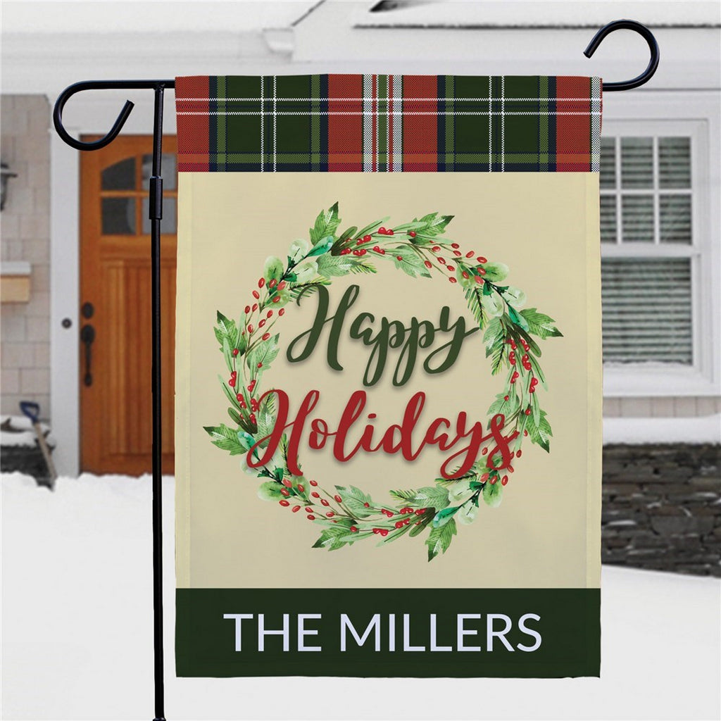 Personalized garden flag with Happy Holidays design and custom name The Millers for festive decor