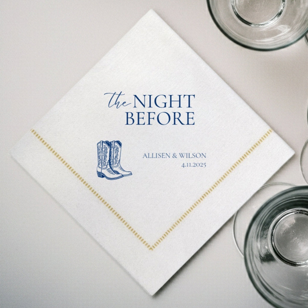 Elegant hemstitch cocktail napkins with custom printing for wedding rehearsal dinner