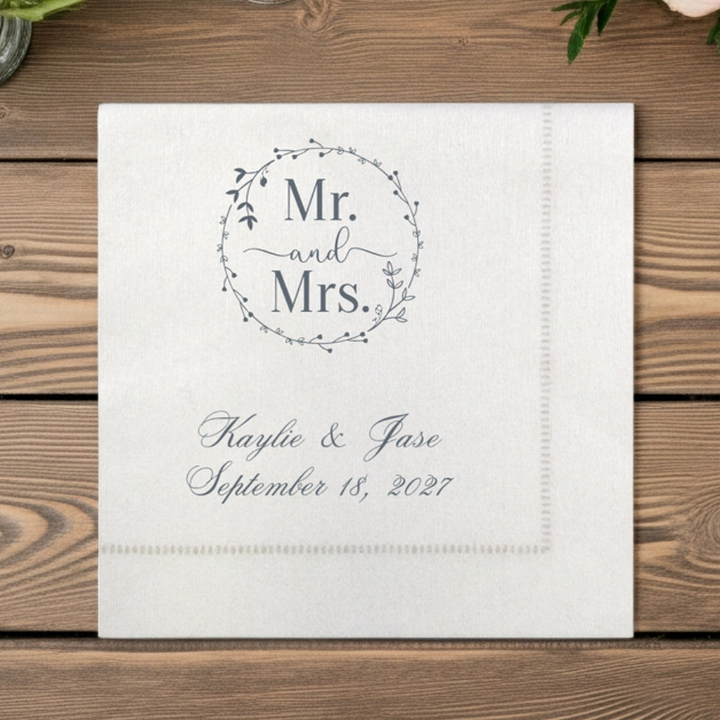 Personalized hemstitch cocktail napkins with Mr and Mrs design for wedding reception napkins