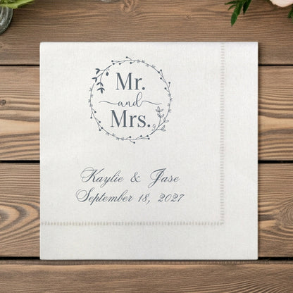 Personalized hemstitch cocktail napkins with Mr and Mrs design for wedding reception napkins