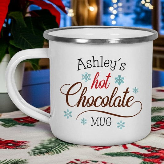 Personalized Christmas mug featuring custom name hot chocolate design