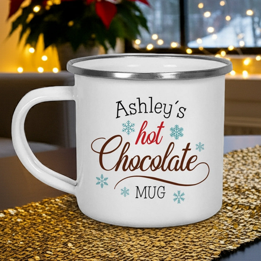 Christmas mug featuring personalized name over hot chocolate design with festive decorations