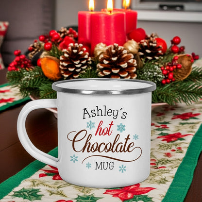 Personalized Christmas mug featuring custom text Ashley's hot Chocolate Mug with festive decorations