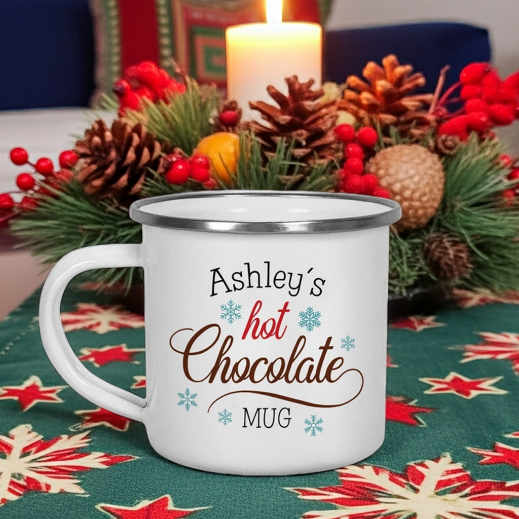 Personalized Christmas mug featuring Ashley's hot chocolate design surrounded by festive decorations