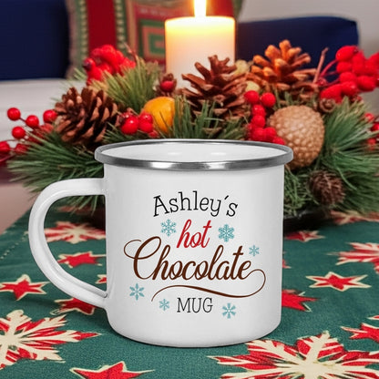 Personalized Christmas mug featuring Ashley's hot chocolate design surrounded by festive decorations