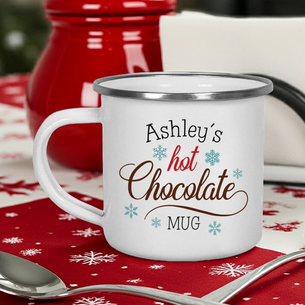 Personalized Christmas mug featuring Ashley's hot chocolate design with festive snowflakes