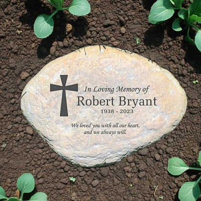 In loving memory cross personalized memorial garden stone with engraved name and dates on natural stone