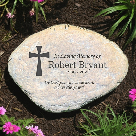In loving memory cross personalized memorial garden stone with custom name and dates