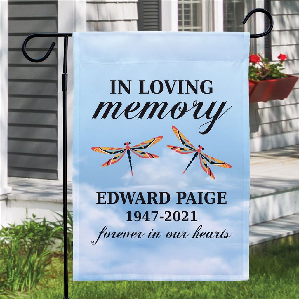 In loving memory garden flag with dragonflies and personalized name and dates