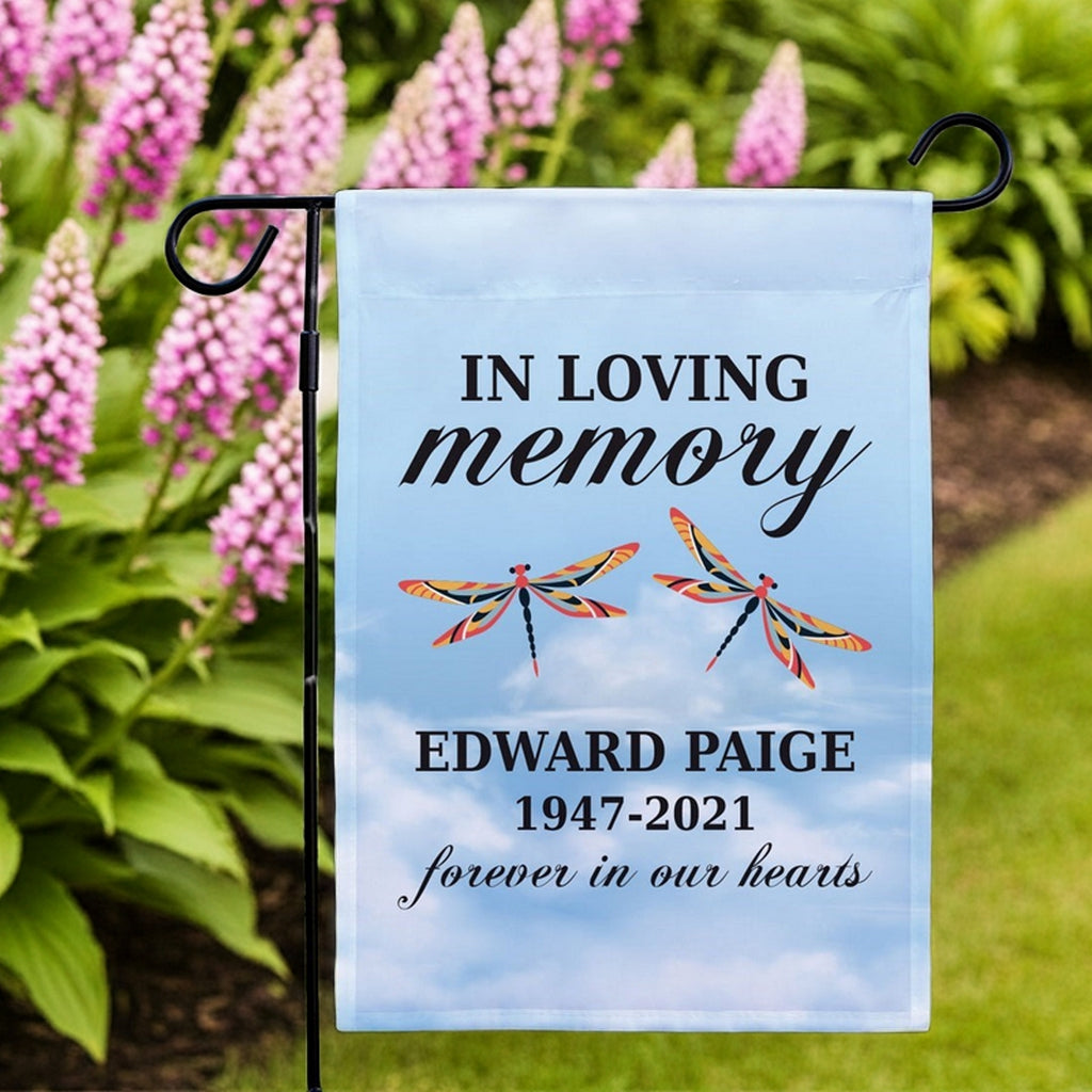 In loving memory garden flag with dragonflies and personalized name Edward Paige
