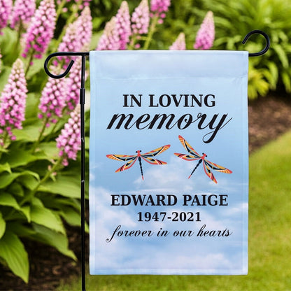 In loving memory garden flag with dragonflies and personalized name Edward Paige