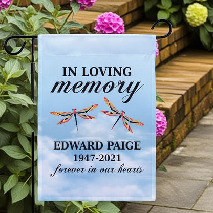 In loving memory garden flag with dragonflies and personalized tribute for Edward Paige outdoors