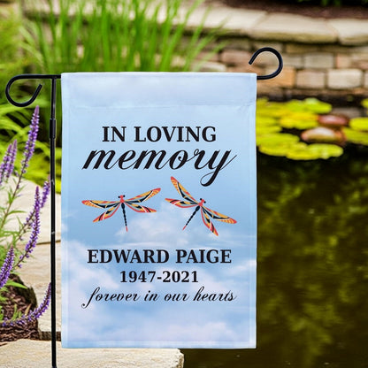 In loving memory garden flag with dragonfly design and personalized name Edward Paige 1947-2021