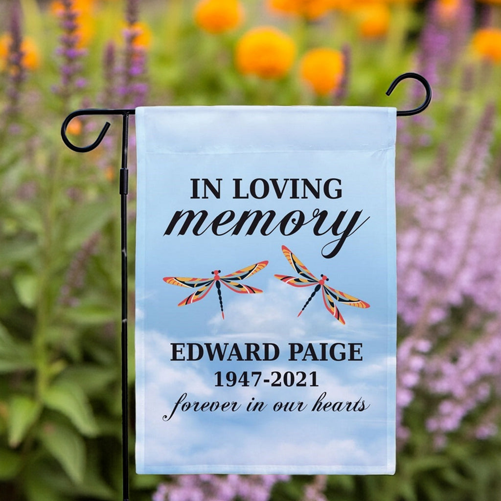 In loving memory garden flag with dragonflies and personalized memorial text
