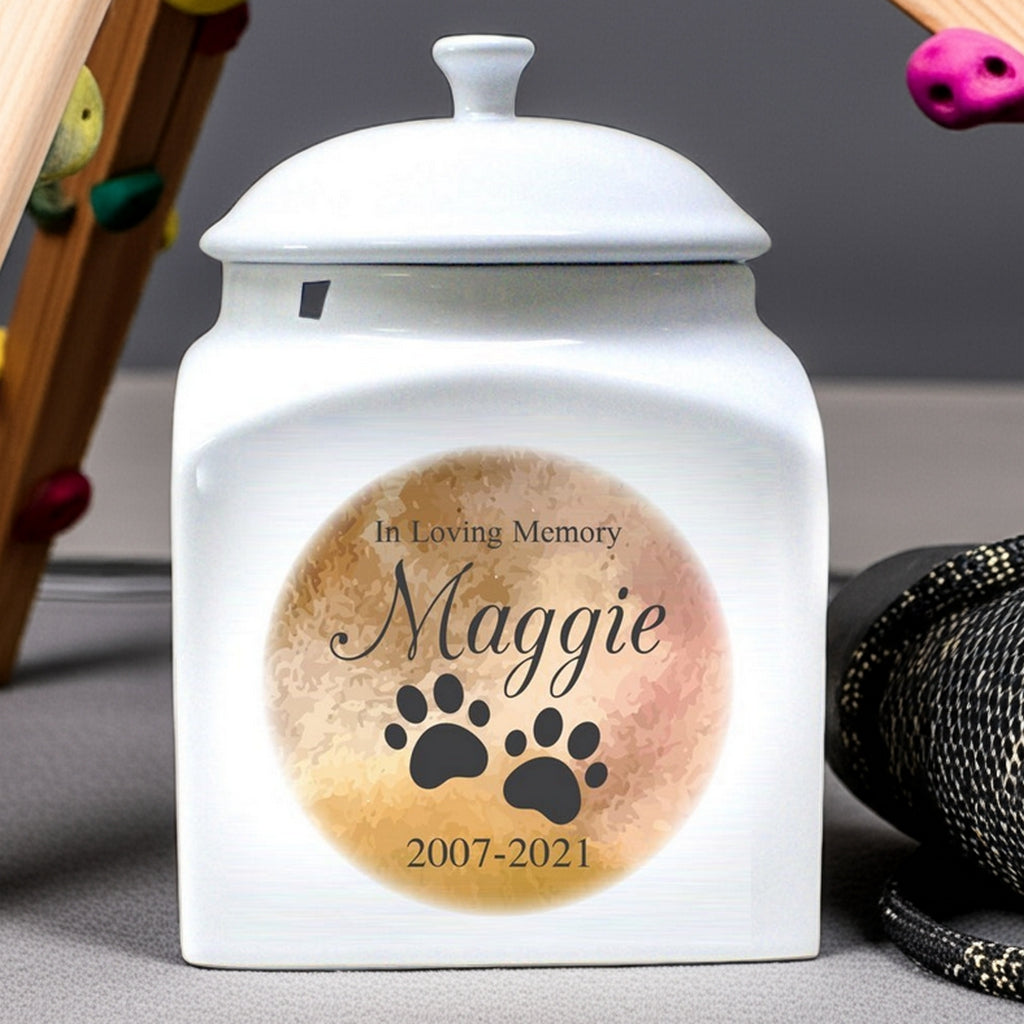 In loving memory personalized pet urn with paw prints and custom name Maggie