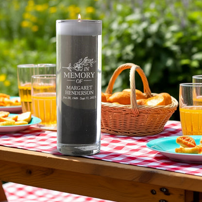 In memory of personalized memorial candle by Pro Gift Source on picnic table with basket and drinks