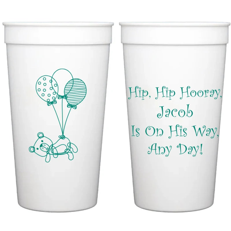 White color 32 oz. jumbo baby shower favor cups personalized with teddy bear balloons design on front side and 4 lines of custom text on back side in teal print
