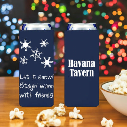 Navy color skinny can cooler sleeve personalized with snowflakes design and custom text for custom printed promotional bar koozie favors