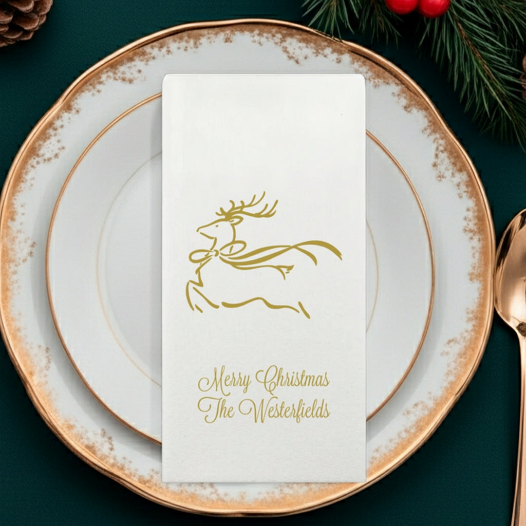 Luxury linen feel Christmas dinner napkins personalized with elegant reindeer design and festive text