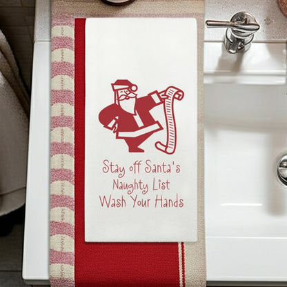 Luxury linen feel Christmas dinner napkins customized with Santa design and playful message about washing hands
